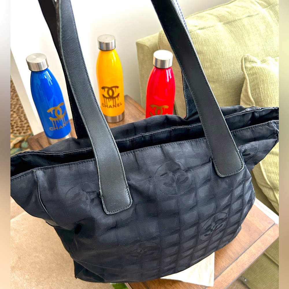 CHANEL AUTHENTIC BLACK QUILTED TRAVEL HANDBAG TOTE with CC TEXTURED FABRIC
